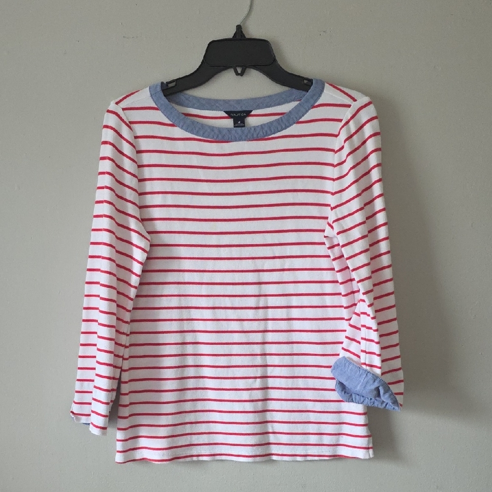 Nautica Red & Blue Patriotic Striped Shirt With Quarter Sleeves M 100% Cotton